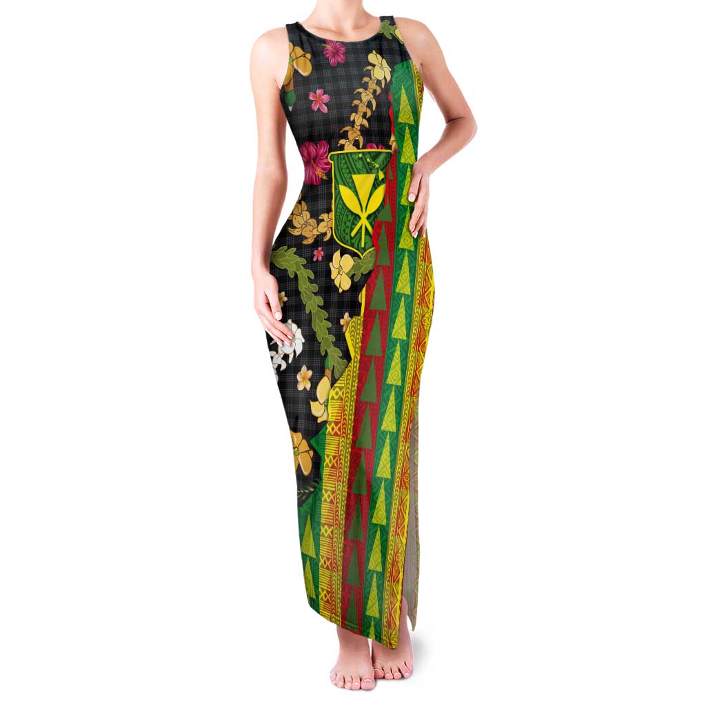 Hawaiian Tropical Plants Lei Tank Maxi Dress Kanaka Maoli Tribal with Palaka Motifs - Polynesian Pride