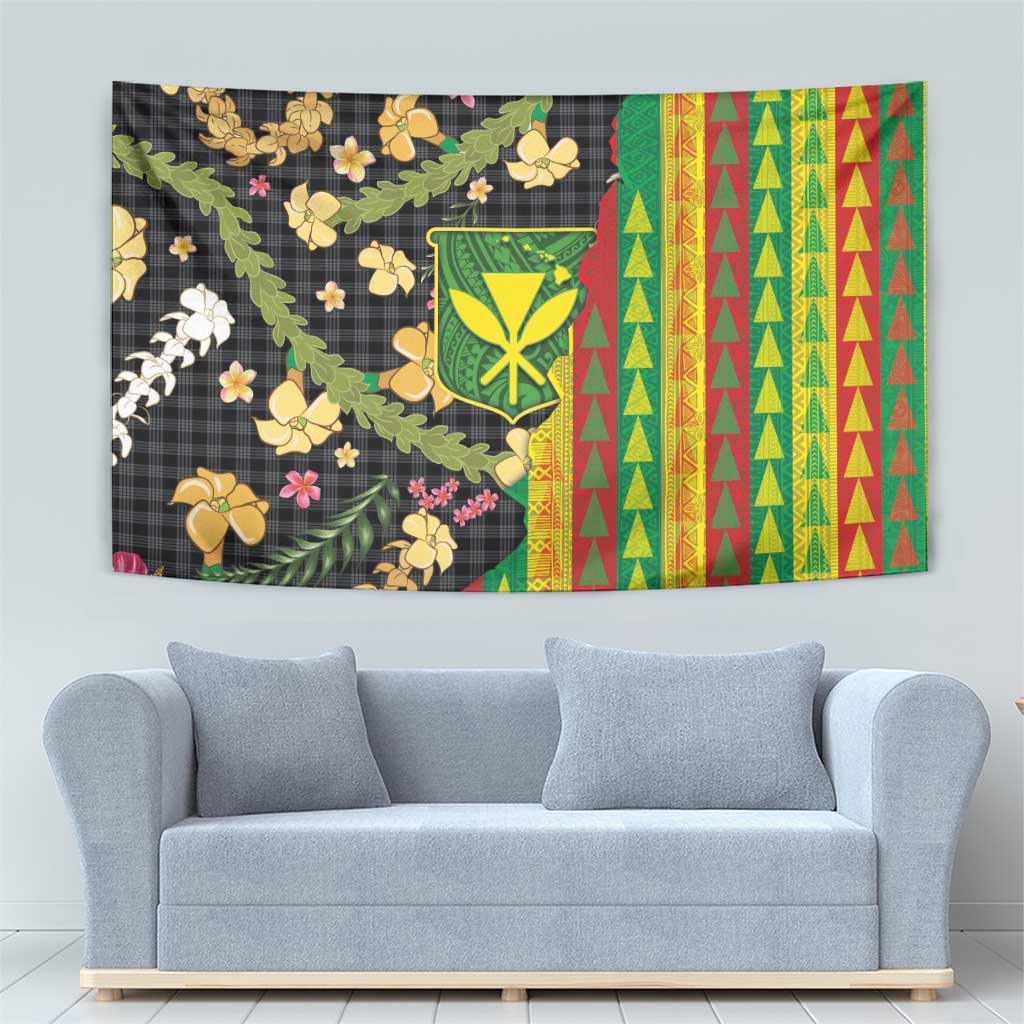 Hawaiian Tropical Plants Lei Tapestry Kanaka Maoli Tribal with Palaka Motifs - Polynesian Pride