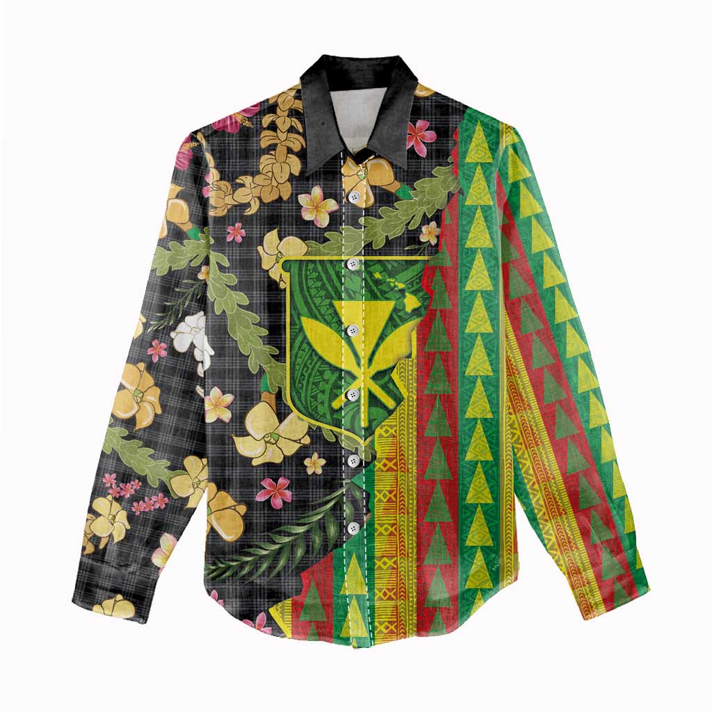 Hawaiian Tropical Plants Lei Women Casual Shirt Kanaka Maoli Tribal with Palaka Motifs - Polynesian Pride