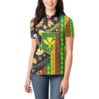Hawaiian Tropical Plants Lei Women Polo Shirt Kanaka Maoli Tribal with Palaka Motifs - Polynesian Pride