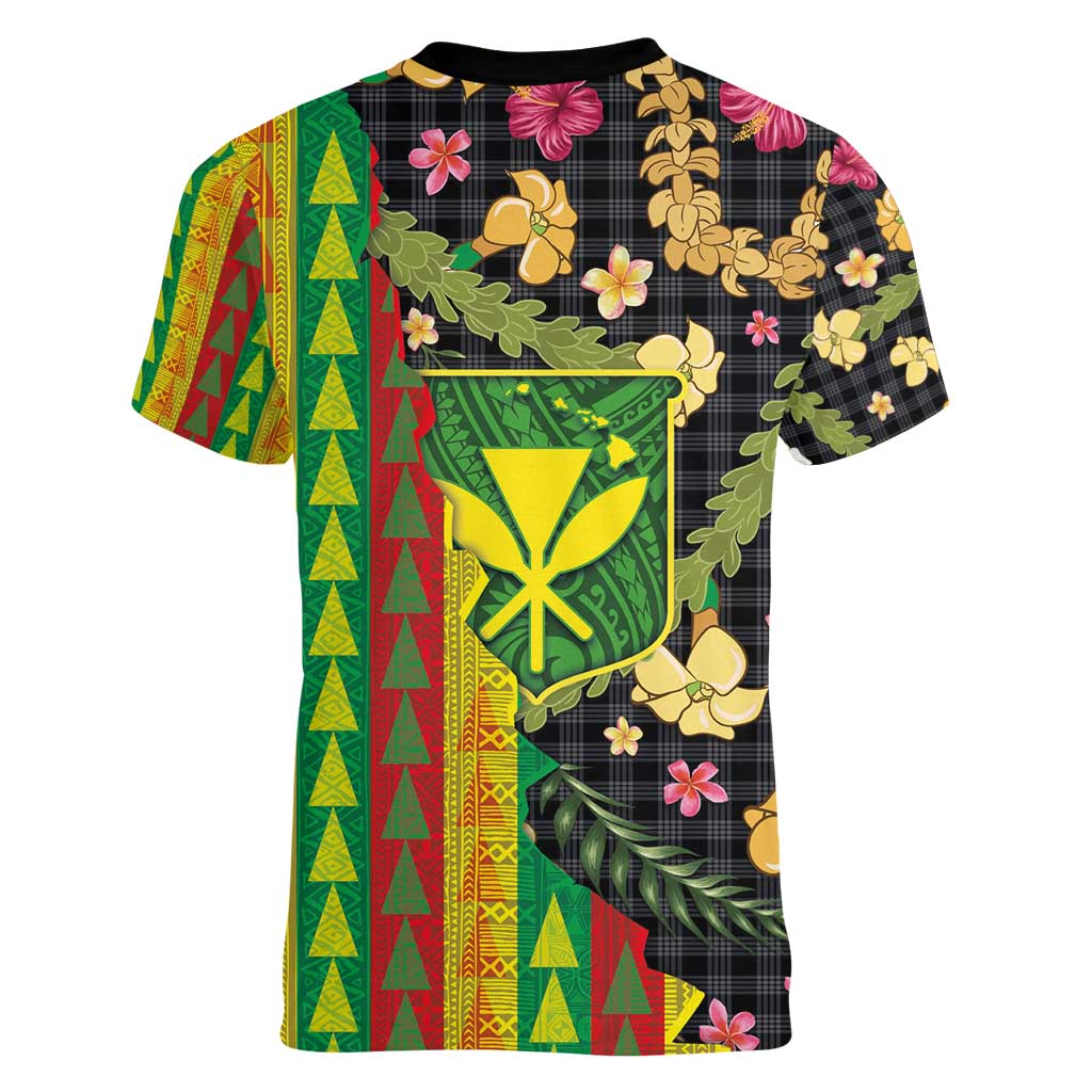 Hawaiian Tropical Plants Lei Women V-Neck T-Shirt Kanaka Maoli Tribal with Palaka Motifs - Polynesian Pride
