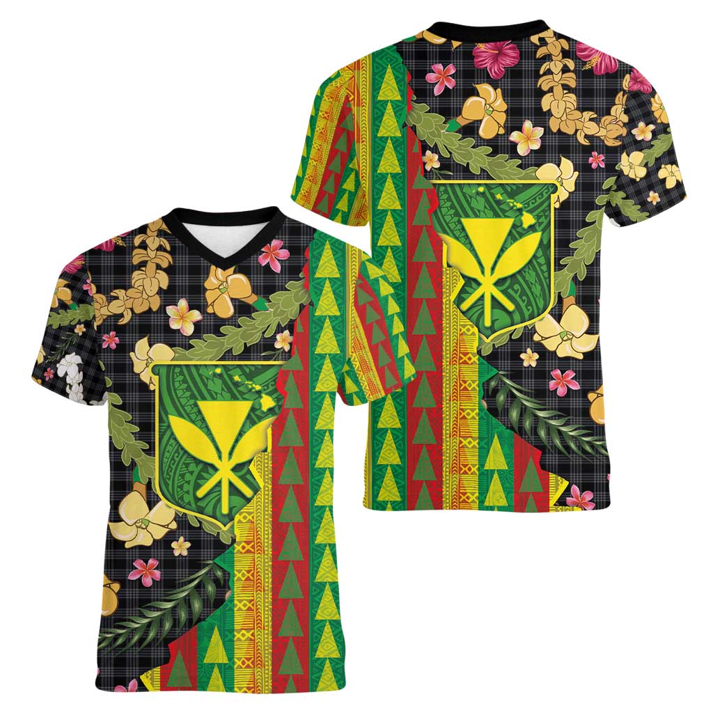 Hawaiian Tropical Plants Lei Women V-Neck T-Shirt Kanaka Maoli Tribal with Palaka Motifs - Polynesian Pride