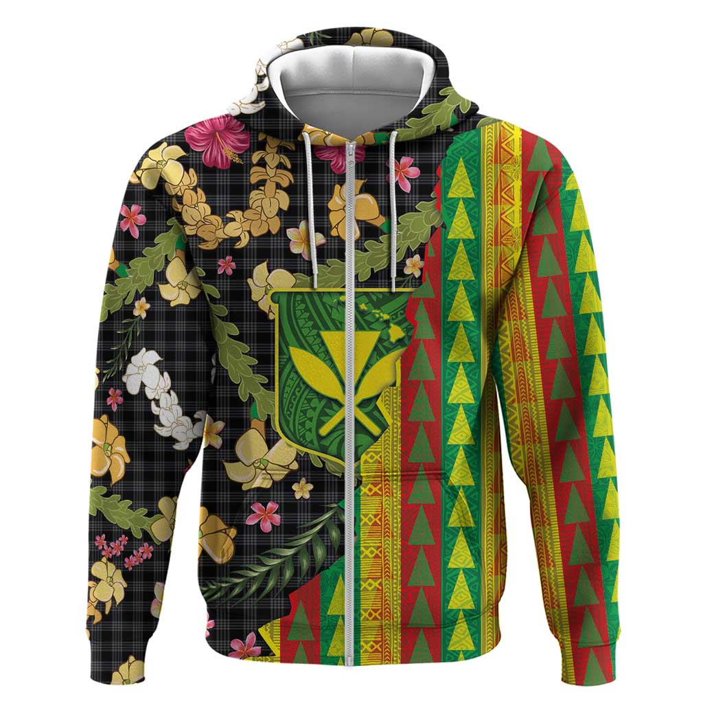 Hawaiian Tropical Plants Lei Zip Hoodie Kanaka Maoli Tribal with Palaka Motifs - Polynesian Pride