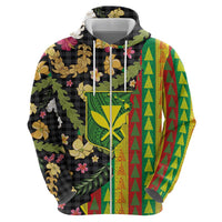 Hawaiian Tropical Plants Lei Zip Hoodie Kanaka Maoli Tribal with Palaka Motifs - Polynesian Pride