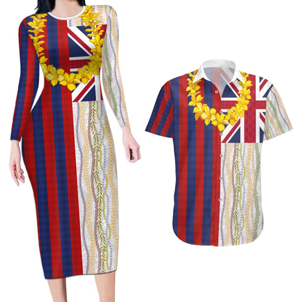Hawaiian Tropical Plants Lei Couples Matching Long Sleeve Bodycon Dress and Hawaiian Shirt National Flag Style - Polynesian Pride