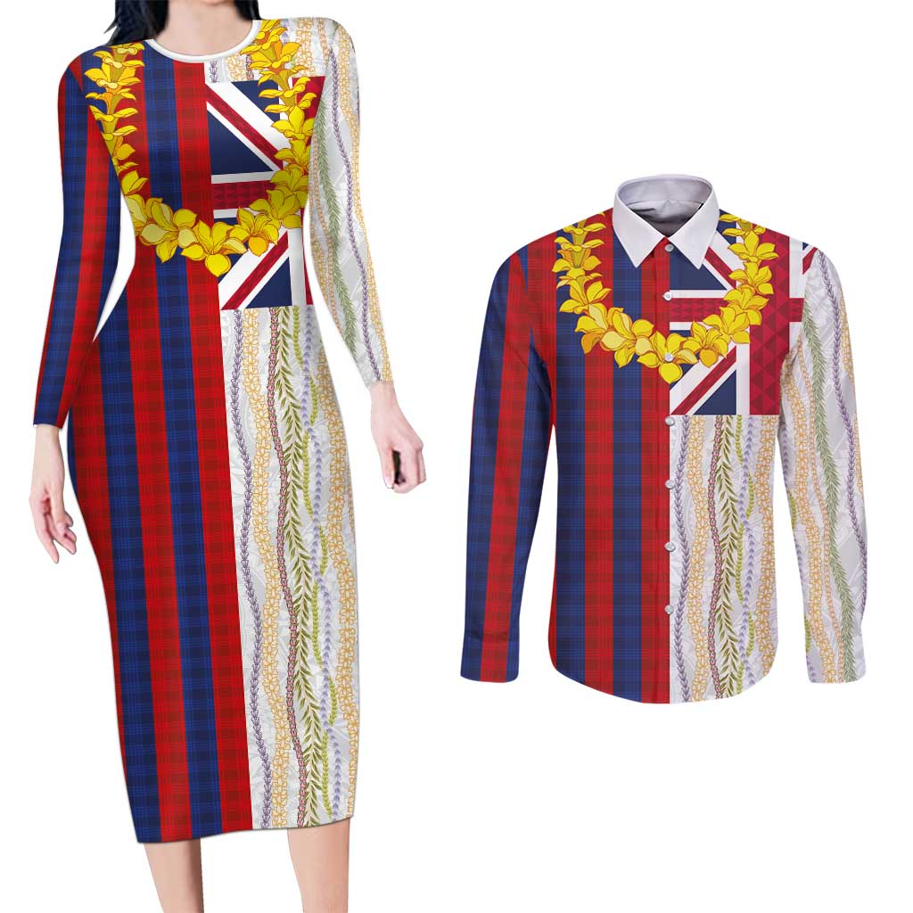 Hawaiian Tropical Plants Lei Couples Matching Long Sleeve Bodycon Dress and Long Sleeve Button Shirt National Flag Style - Polynesian Pride