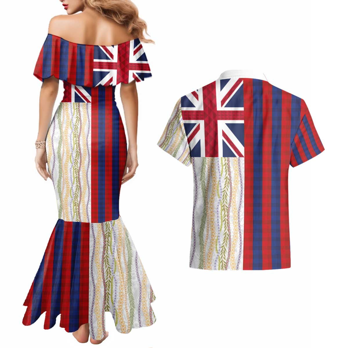Hawaiian Tropical Plants Lei Couples Matching Mermaid Dress and Hawaiian Shirt National Flag Style - Polynesian Pride