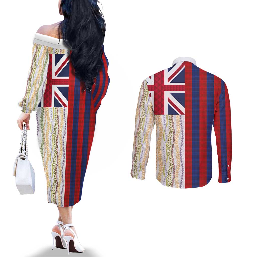 Hawaiian Tropical Plants Lei Couples Matching Off The Shoulder Long Sleeve Dress and Long Sleeve Button Shirt National Flag Style - Polynesian Pride