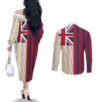 Hawaiian Tropical Plants Lei Couples Matching Off The Shoulder Long Sleeve Dress and Long Sleeve Button Shirt National Flag Style - Polynesian Pride