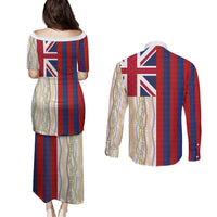 Hawaiian Tropical Plants Lei Couples Matching Puletasi and Long Sleeve Button Shirt National Flag Style - Polynesian Pride