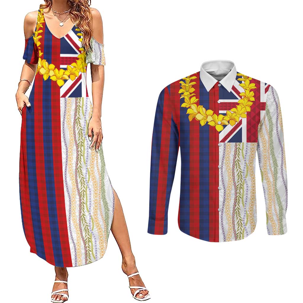 Hawaiian Tropical Plants Lei Couples Matching Summer Maxi Dress and Long Sleeve Button Shirt National Flag Style LT03 Multicolor - Polynesian Pride