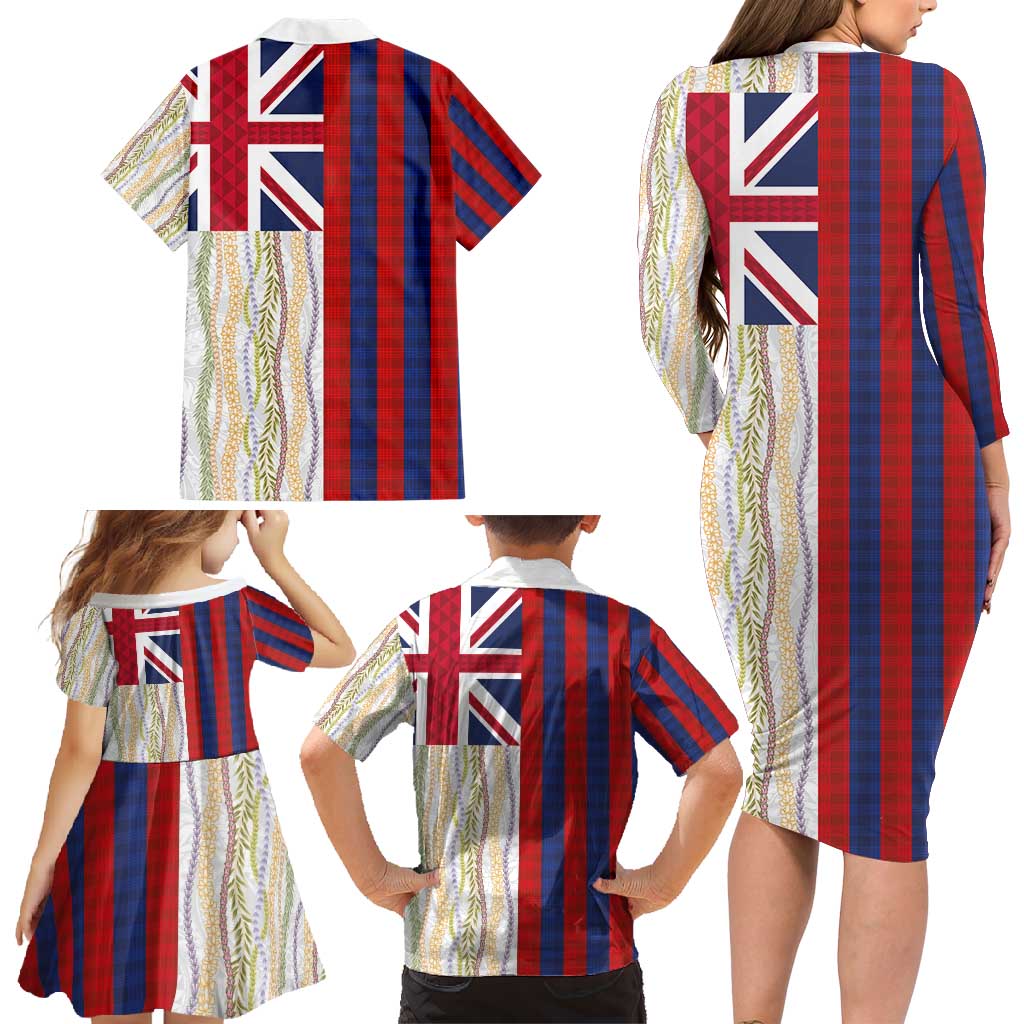 Hawaiian Tropical Plants Lei Family Matching Long Sleeve Bodycon Dress and Hawaiian Shirt National Flag Style - Polynesian Pride