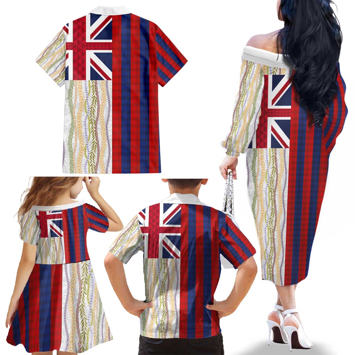 Hawaiian Tropical Plants Lei Family Matching Off The Shoulder Long Sleeve Dress and Hawaiian Shirt National Flag Style - Polynesian Pride