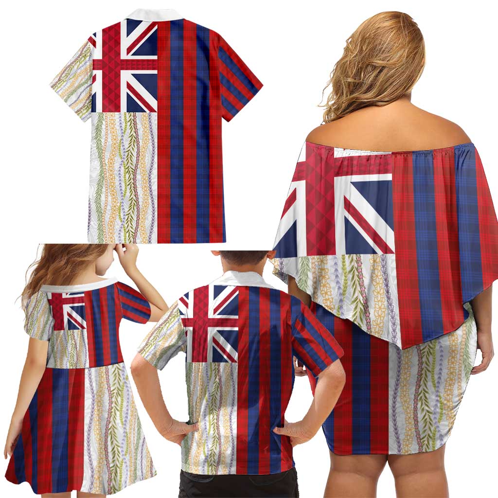 Hawaiian Tropical Plants Lei Family Matching Off Shoulder Short Dress and Hawaiian Shirt National Flag Style - Polynesian Pride