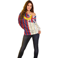 Hawaiian Tropical Plants Lei Off Shoulder Sweater National Flag Style - Polynesian Pride