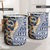 Hawaiian Plumeria Lei Laundry Basket Kakau Motifs and Palaka Half Style Blue Color - Polynesian Pride