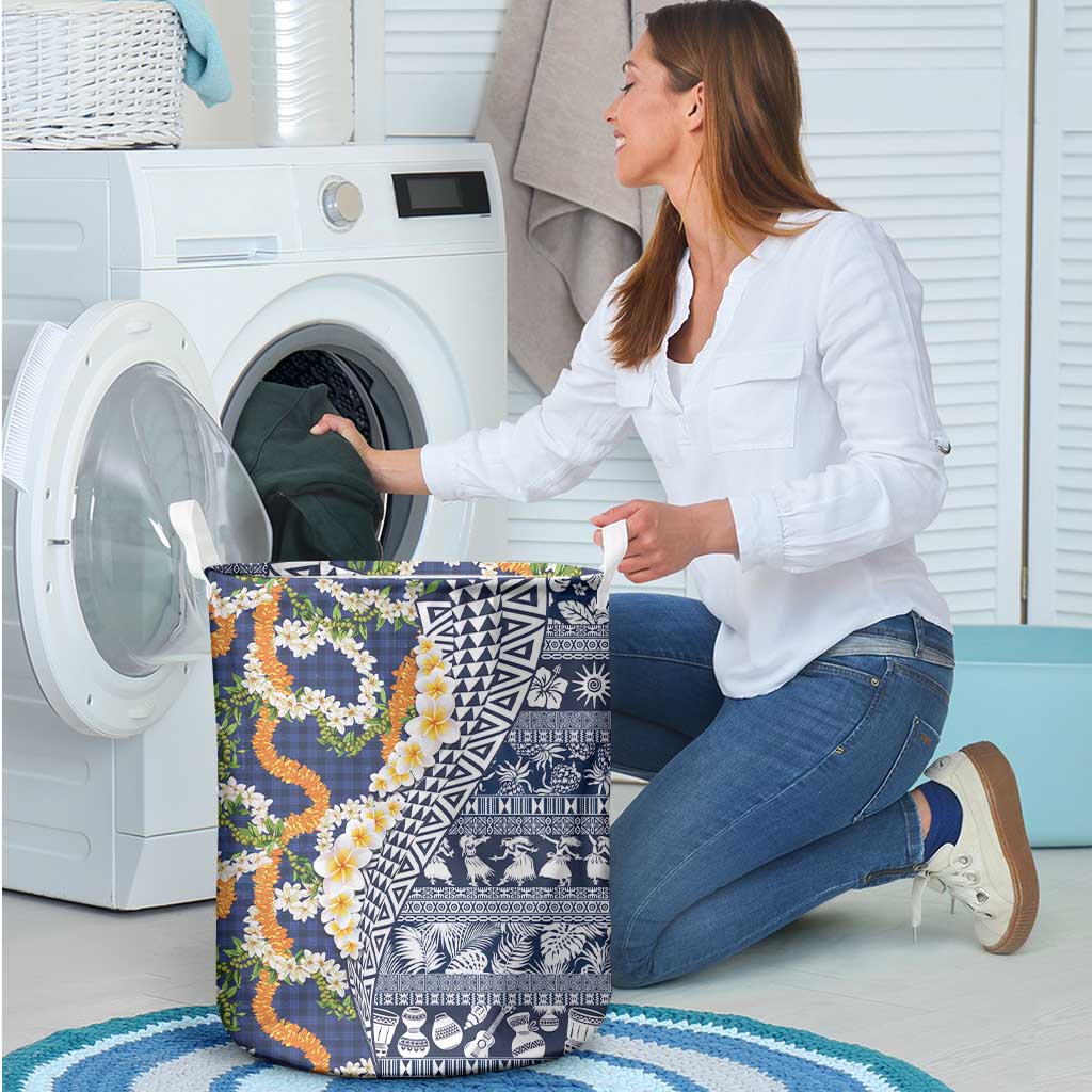 Hawaiian Plumeria Lei Laundry Basket Kakau Motifs and Palaka Half Style Blue Color - Polynesian Pride