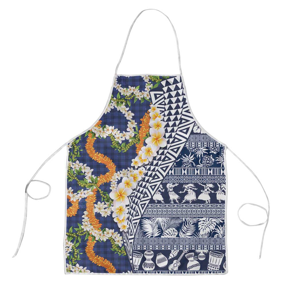 Hawaiian Plumeria Lei Apron Kakau Motifs and Palaka Half Style Blue Color LT03 Blue - Polynesian Pride