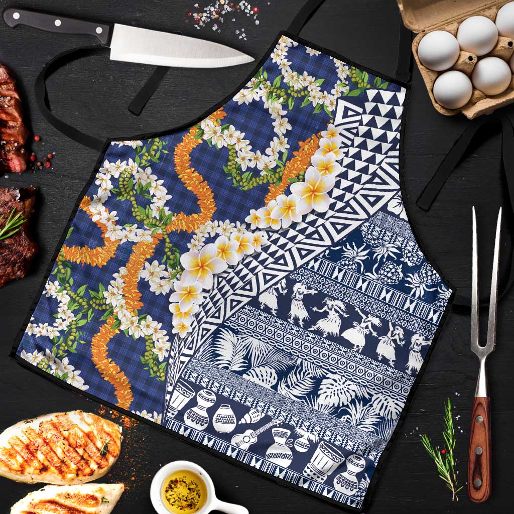 Hawaiian Plumeria Lei Apron Kakau Motifs and Palaka Half Style Blue Color LT03 Blue - Polynesian Pride
