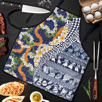 Hawaiian Plumeria Lei Apron Kakau Motifs and Palaka Half Style Blue Color LT03 Blue - Polynesian Pride