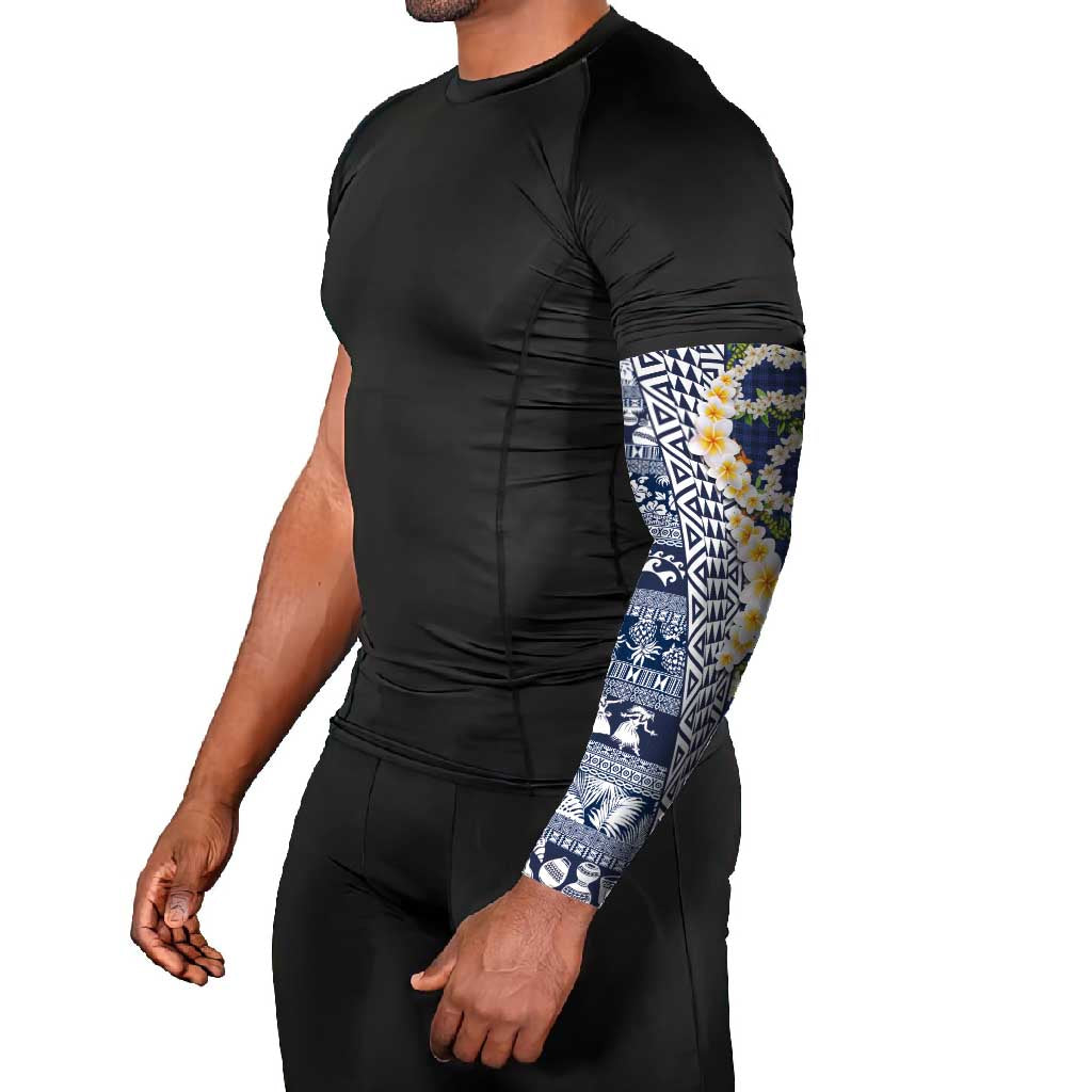 Hawaiian Plumeria Lei Arm Sleeves Kakau Motifs and Palaka Half Style Blue Color LT03 - Polynesian Pride