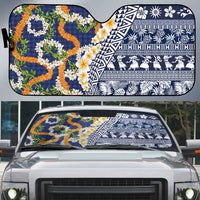Hawaiian Plumeria Lei Auto Sun Shade Kakau Motifs and Palaka Half Style Blue Color - Polynesian Pride