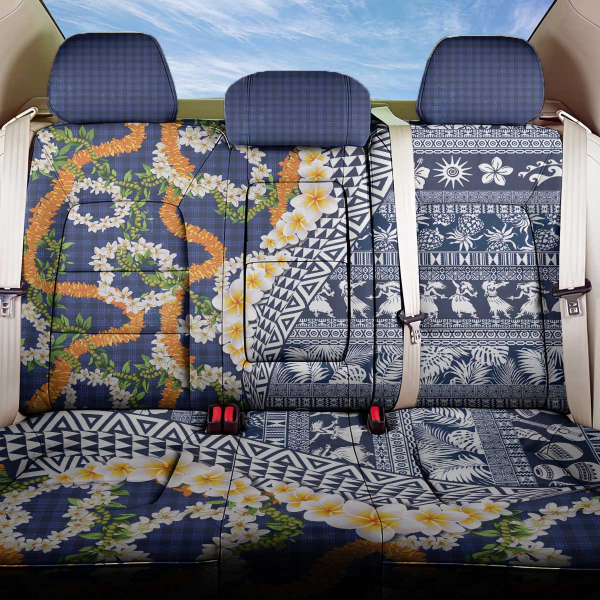 Hawaiian Plumeria Lei Back Car Seat Cover Kakau Motifs and Palaka Half Style Blue Color - Polynesian Pride