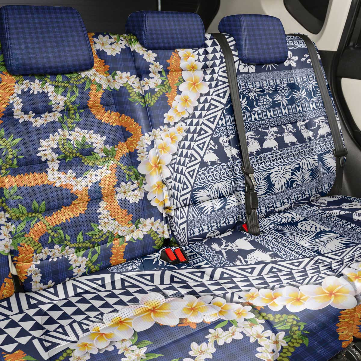Hawaiian Plumeria Lei Back Car Seat Cover Kakau Motifs and Palaka Half Style Blue Color - Polynesian Pride
