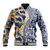 Hawaiian Plumeria Lei Baseball Jacket Kakau Motifs and Palaka Half Style Blue Color - Polynesian Pride