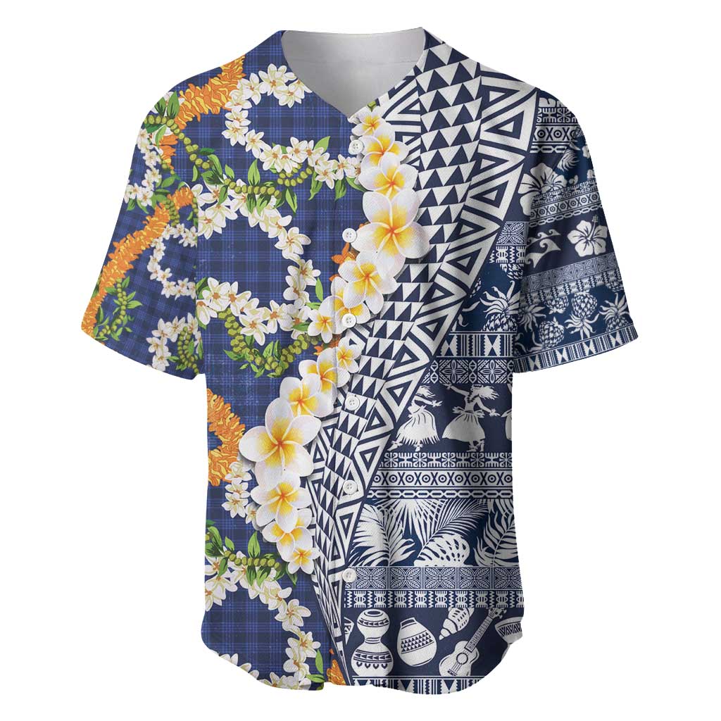 Hawaiian Plumeria Lei Baseball Jersey Kakau Motifs and Palaka Half Style Blue Color - Polynesian Pride