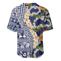 Hawaiian Plumeria Lei Baseball Jersey Kakau Motifs and Palaka Half Style Blue Color - Polynesian Pride