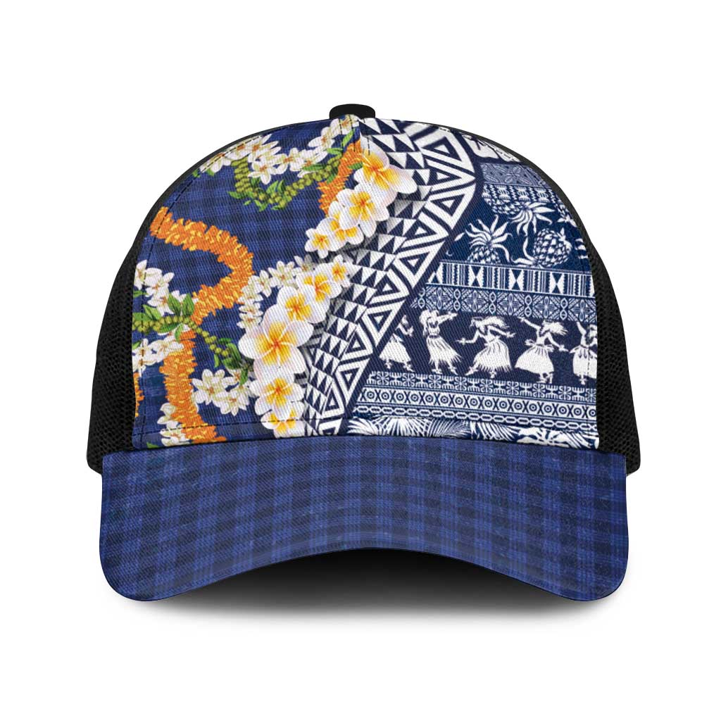 Hawaiian Plumeria Lei Baseball Net Cap Kakau Motifs and Palaka Half Style Blue Color - Polynesian Pride