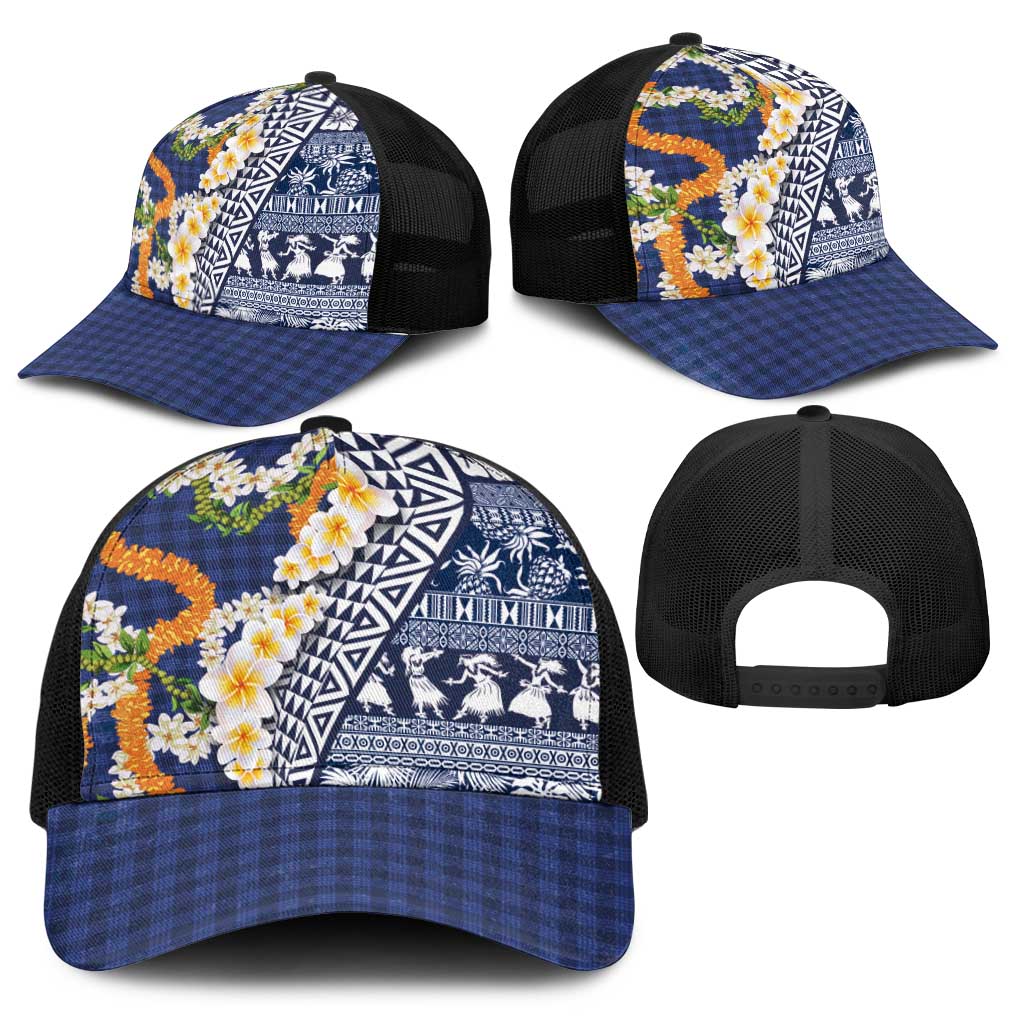 Hawaiian Plumeria Lei Baseball Net Cap Kakau Motifs and Palaka Half Style Blue Color - Polynesian Pride
