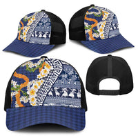 Hawaiian Plumeria Lei Baseball Net Cap Kakau Motifs and Palaka Half Style Blue Color - Polynesian Pride