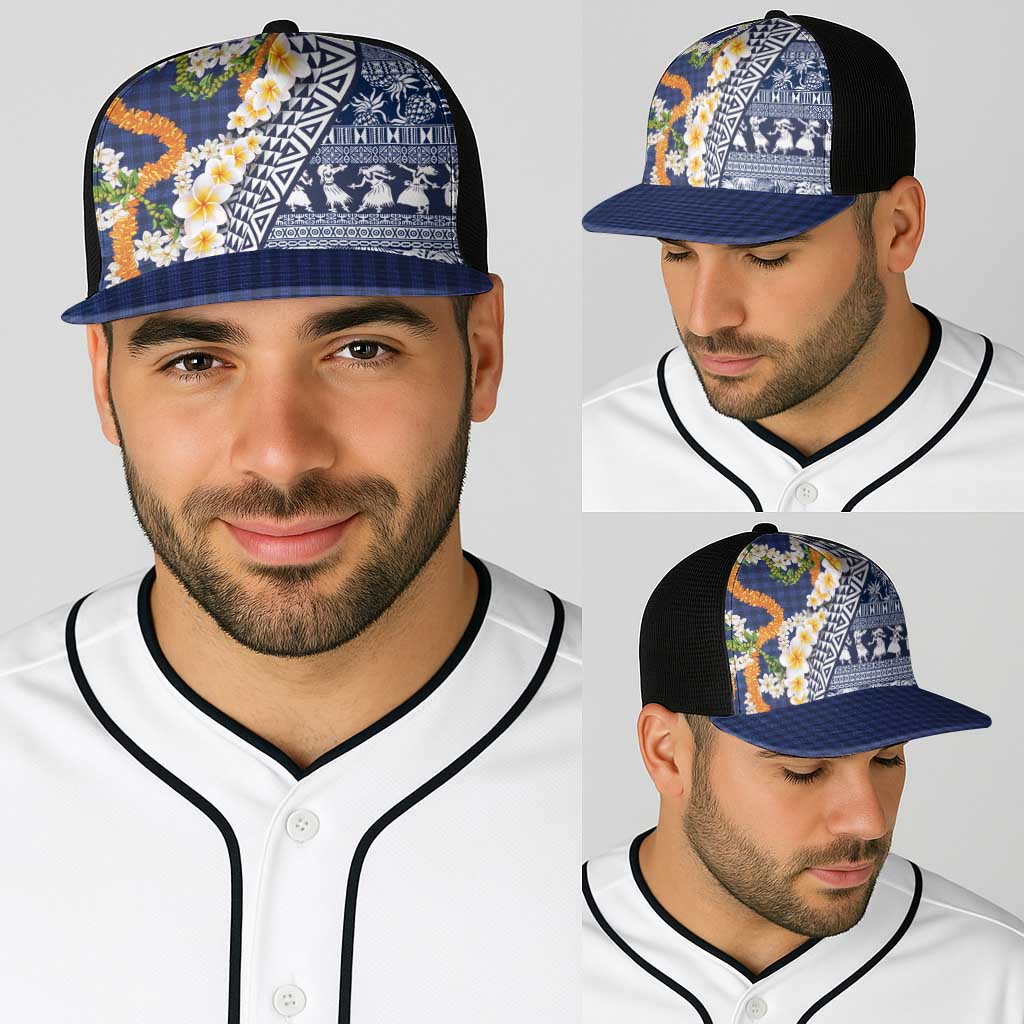 Hawaiian Plumeria Lei Baseball Net Cap Kakau Motifs and Palaka Half Style Blue Color - Polynesian Pride