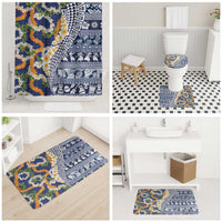 Hawaiian Plumeria Lei Bathroom Set Kakau Motifs and Palaka Half Style Blue Color - Polynesian Pride