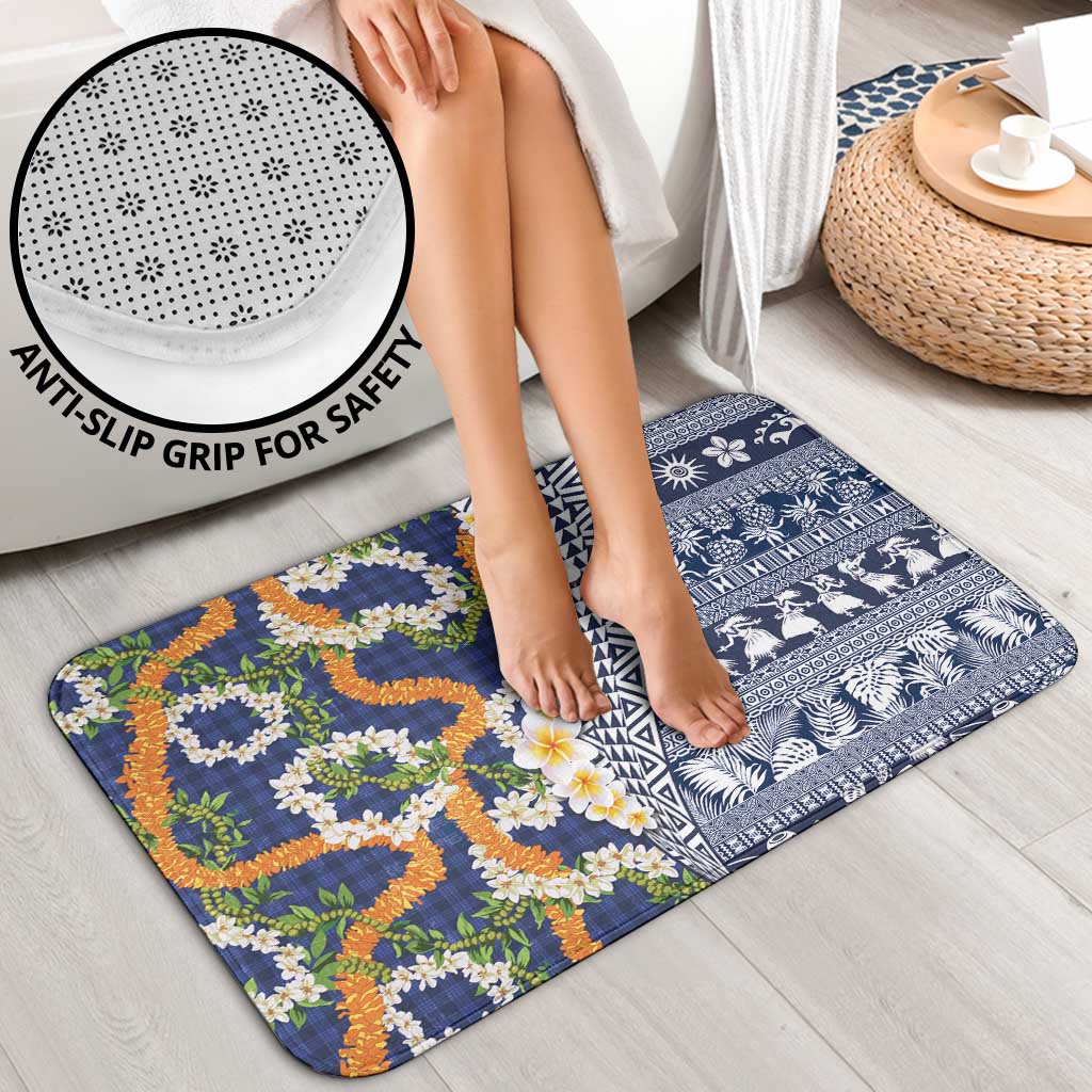 Hawaiian Plumeria Lei Bathroom Set Kakau Motifs and Palaka Half Style Blue Color - Polynesian Pride