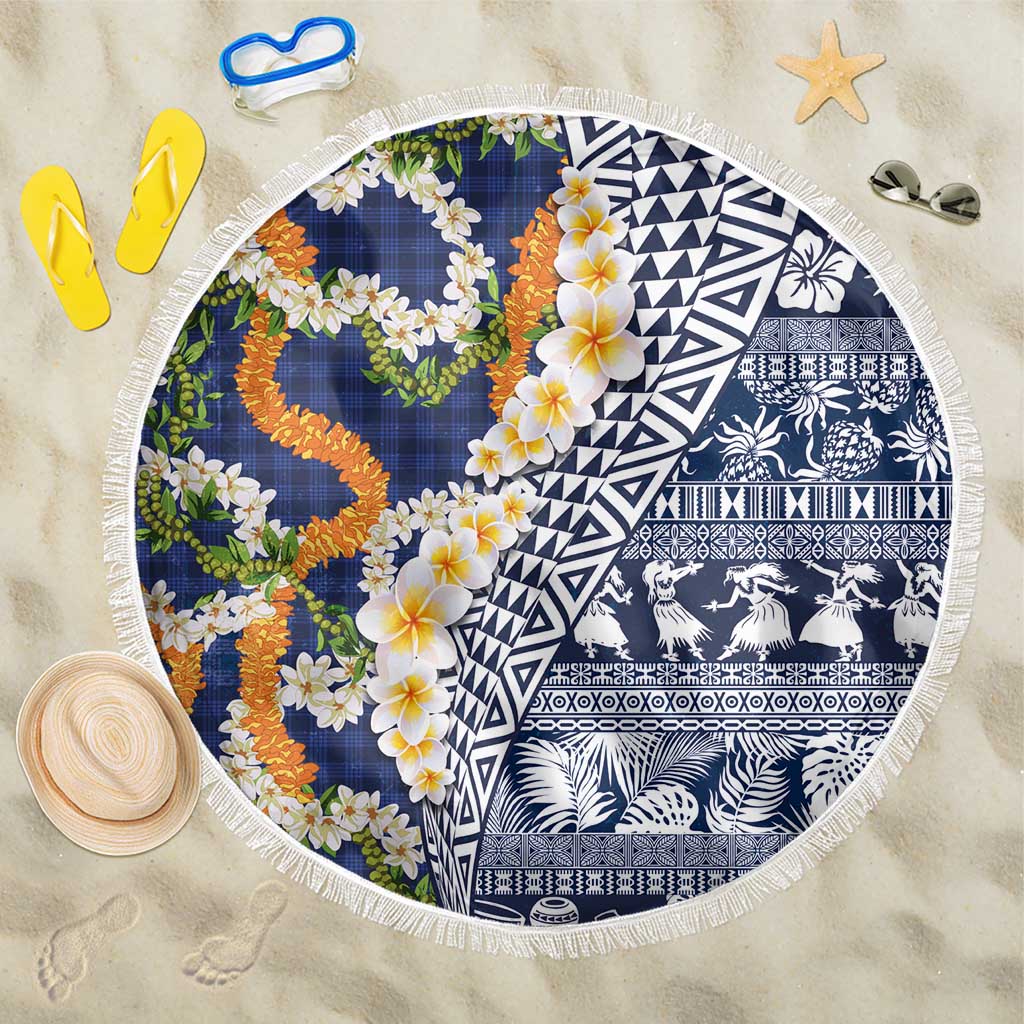 Hawaiian Plumeria Lei Beach Blanket Kakau Motifs and Palaka Half Style Blue Color LT03 One Size 150cm Blue - Polynesian Pride