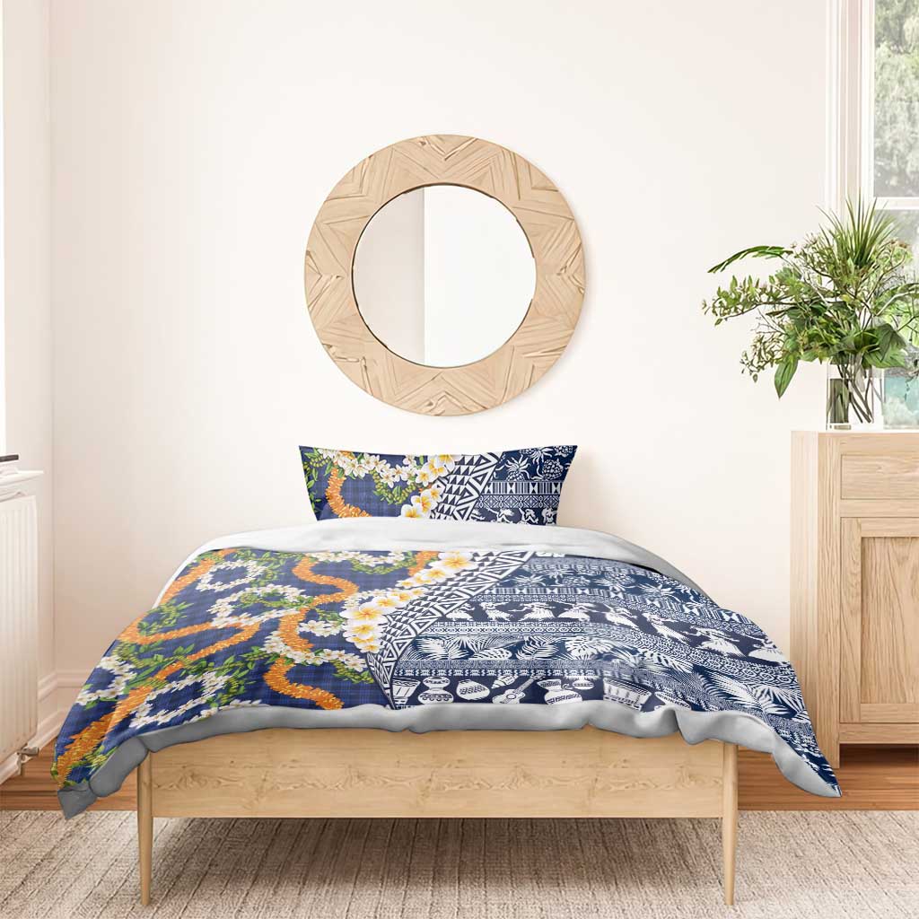 Hawaiian Plumeria Lei Bedding Set Kakau Motifs and Palaka Half Style Blue Color - Polynesian Pride