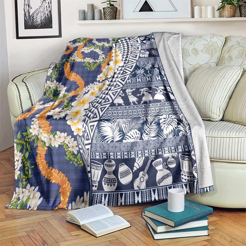 Hawaiian Plumeria Lei Blanket Kakau Motifs and Palaka Half Style Blue Color LT03 Blue - Polynesian Pride
