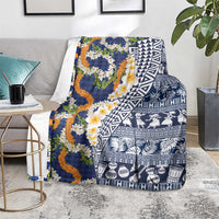 Hawaiian Plumeria Lei Blanket Kakau Motifs and Palaka Half Style Blue Color - Polynesian Pride