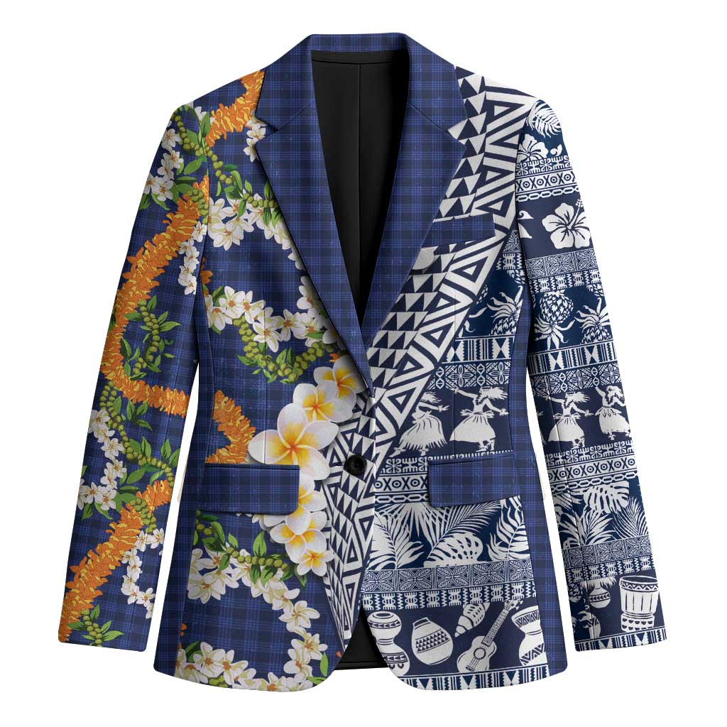 Hawaiian Plumeria Lei Blazer Kakau Motifs and Palaka Half Style Blue Color LT03 Unisex Blue - Polynesian Pride