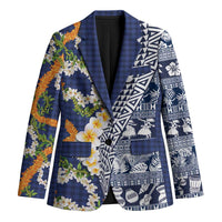Hawaiian Plumeria Lei Blazer Kakau Motifs and Palaka Half Style Blue Color - Polynesian Pride