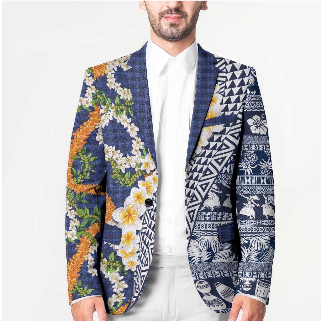 Hawaiian Plumeria Lei Blazer Kakau Motifs and Palaka Half Style Blue Color - Polynesian Pride