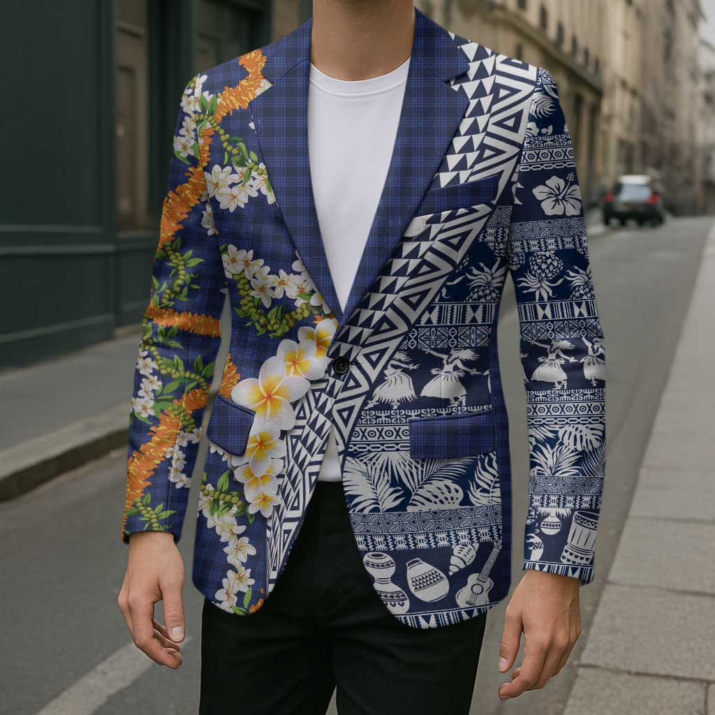 Hawaiian Plumeria Lei Blazer Kakau Motifs and Palaka Half Style Blue Color - Polynesian Pride