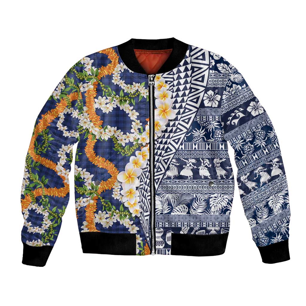 Hawaiian Plumeria Lei Bomber Jacket Kakau Motifs and Palaka Half Style Blue Color LT03 Unisex Blue - Polynesian Pride