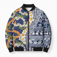Hawaiian Plumeria Lei Bomber Puffer Jacket Kakau Motifs and Palaka Half Style Blue Color - Polynesian Pride