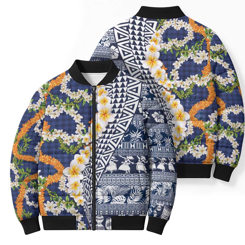 Hawaiian Plumeria Lei Bomber Puffer Jacket Kakau Motifs and Palaka Half Style Blue Color - Polynesian Pride