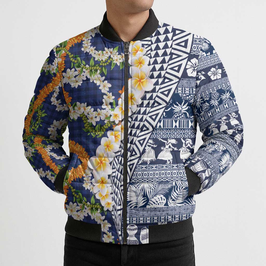 Hawaiian Plumeria Lei Bomber Puffer Jacket Kakau Motifs and Palaka Half Style Blue Color - Polynesian Pride