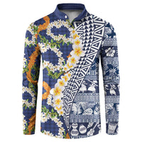 Hawaiian Plumeria Lei Button Sweatshirt Kakau Motifs and Palaka Half Style Blue Color - Polynesian Pride